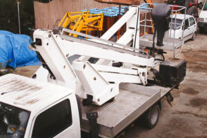 impounded bucket truck waiting to be picked up